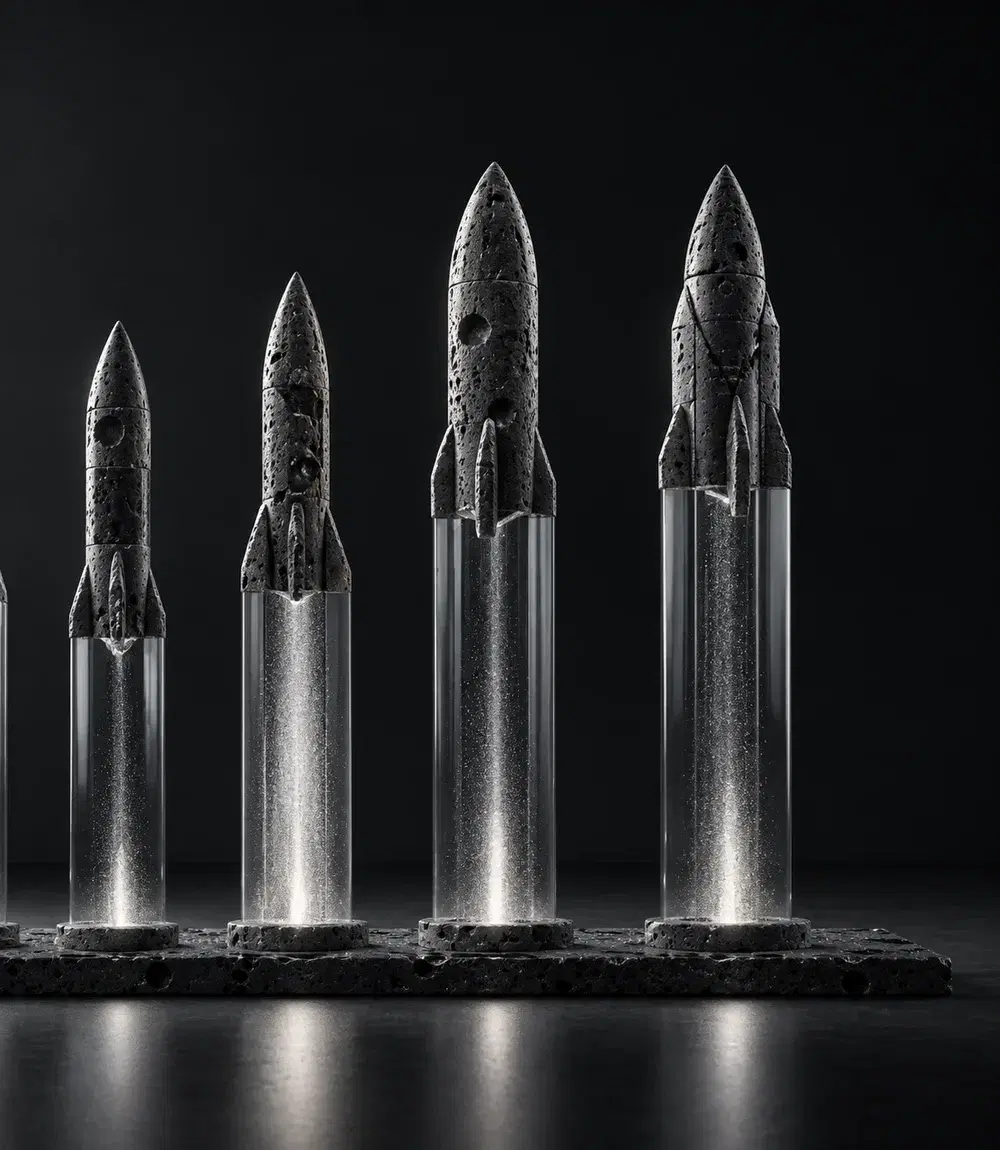 Porous lunar-stone rockets on glass launch columns